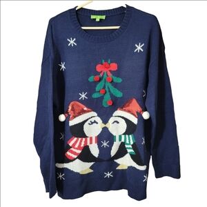 Christmas kissing penguins navy tunic length long sleeve crewneck pullover